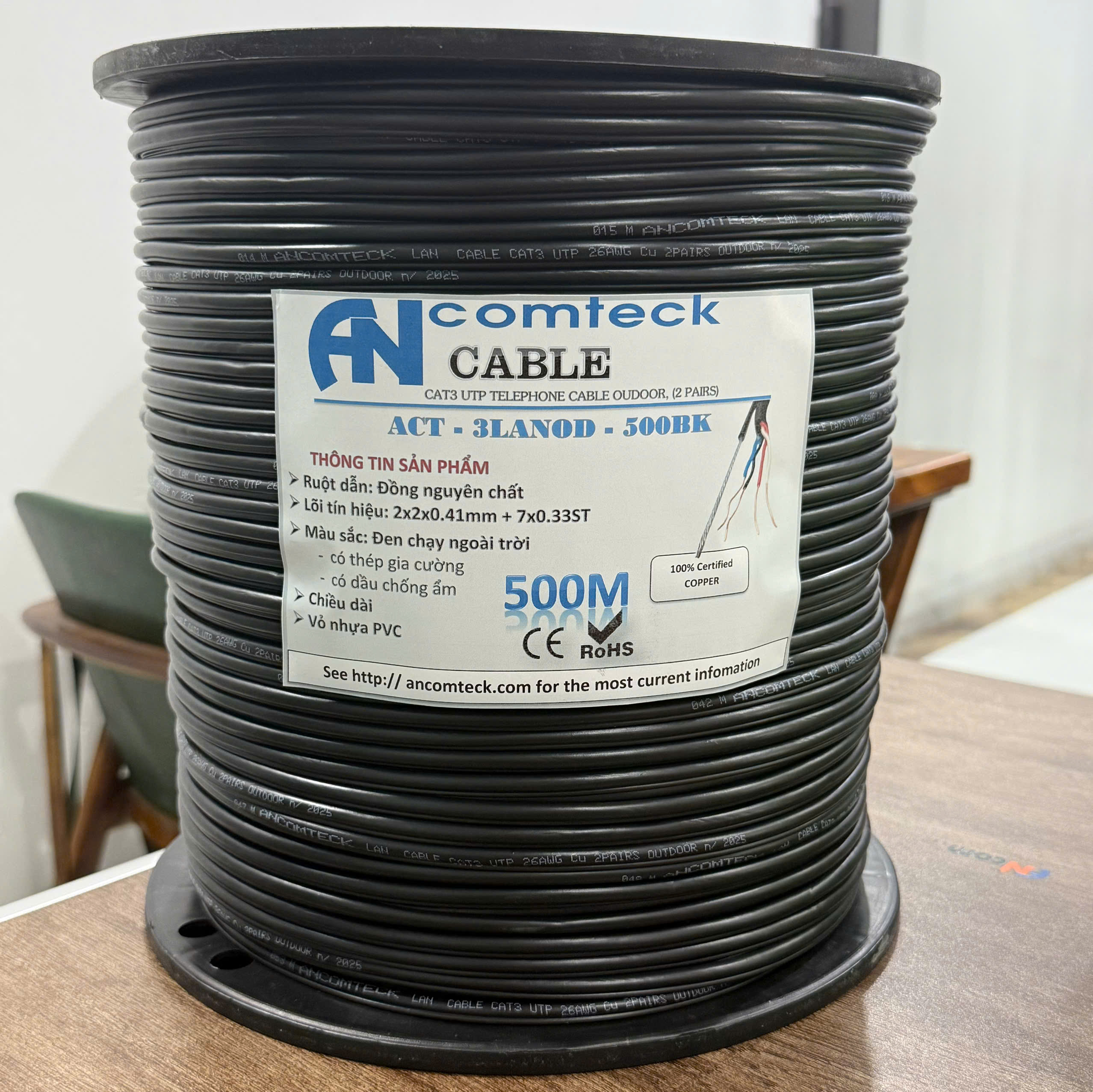 Dây cáp tín hiệu CAT3 UTP đồng dầu chạy ngoài trời, có dây gia cường ACT-3LANOD-500BKO (cuộn 500m)